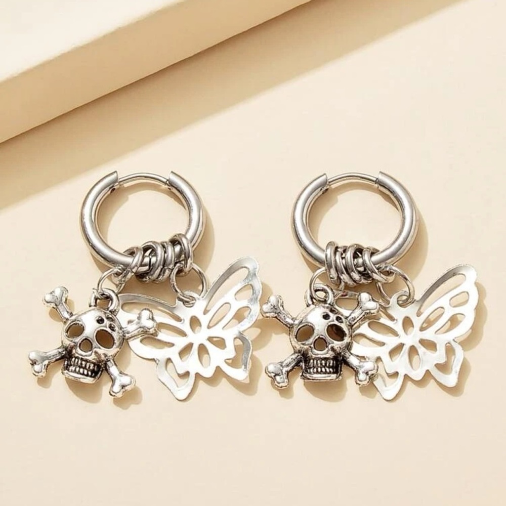 💀 Awesome Metallic Butterfly Skeleton Skull Hoop Earrings 💀